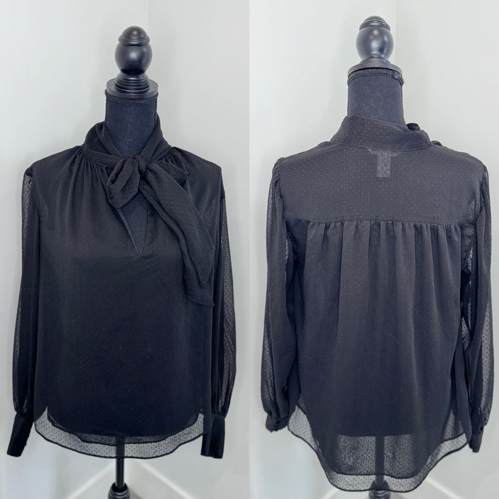 H&M Black Sheer Long Sleeve Neck Tie Blouse (Sz 6)